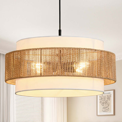 Lustre en rotin de style campagnard, luminaire bohème 19,7 po avec abat-jour en tissu, lustre tambour bohémien 4 lumières pour salle à manger, salon, îlot de cuisine