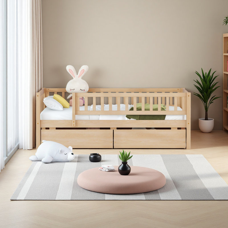 Lit de jour simple en bois avec deux tiroirs, Naturel