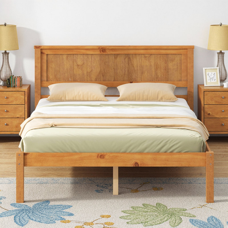 Structure de lit double en bois massif avec tête de lit - Finition chêne, support à lattes de bois, aucun sommier nécessaire