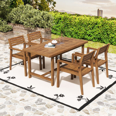 5Pcs Solid Acacia Wood Patio Dining Set with 59-Inch Rectangular Table, Umbrella Hole and 4 Armchairs