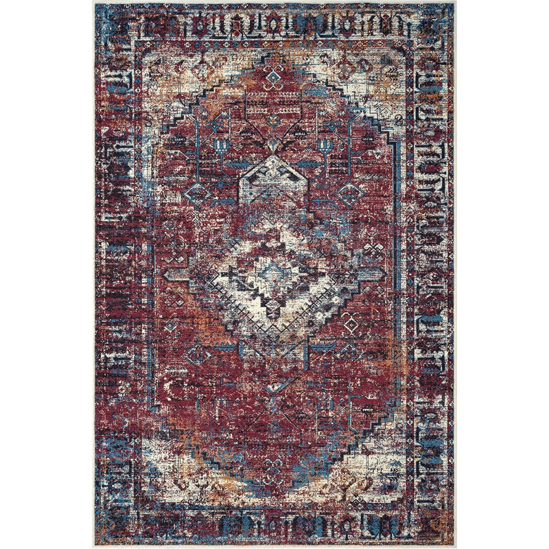 GLN Rugs Vintage Collection - Machine Washable Area Rug, Vintage Washable Rug, Non Slip Area Rug, Low Pile Living Room Rug, Bedroom Rug, Bathroom Rug - Easy Clean (Burgundy Rug)
