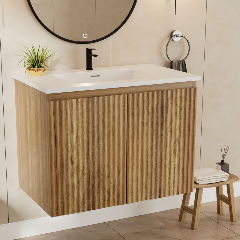 30″ Foldable Bathroom Cabinet With Sink, Oak