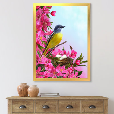Petit oiseau jaune près du nid avec fleurs - Impression sur toile