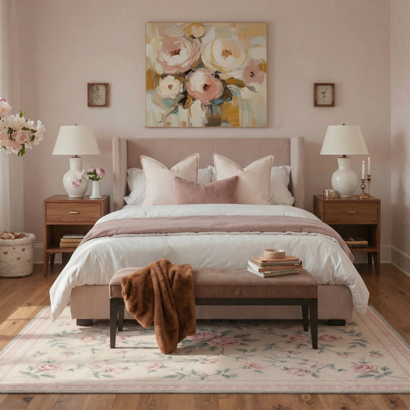 Tapis d'intérieur rose / vert / beige lavable à la machine Roselyn avec envers antidérapant, Rectangle 6 pi x 9 pi