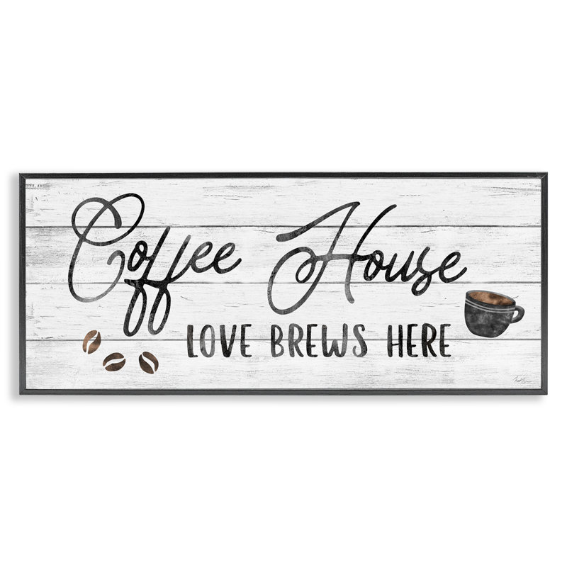 «Coffee House Love Brews Here», typographie de calligraphie de cuisine grise rustique, estampe numérique encadrée, art texturé par Natalie Carpentieri