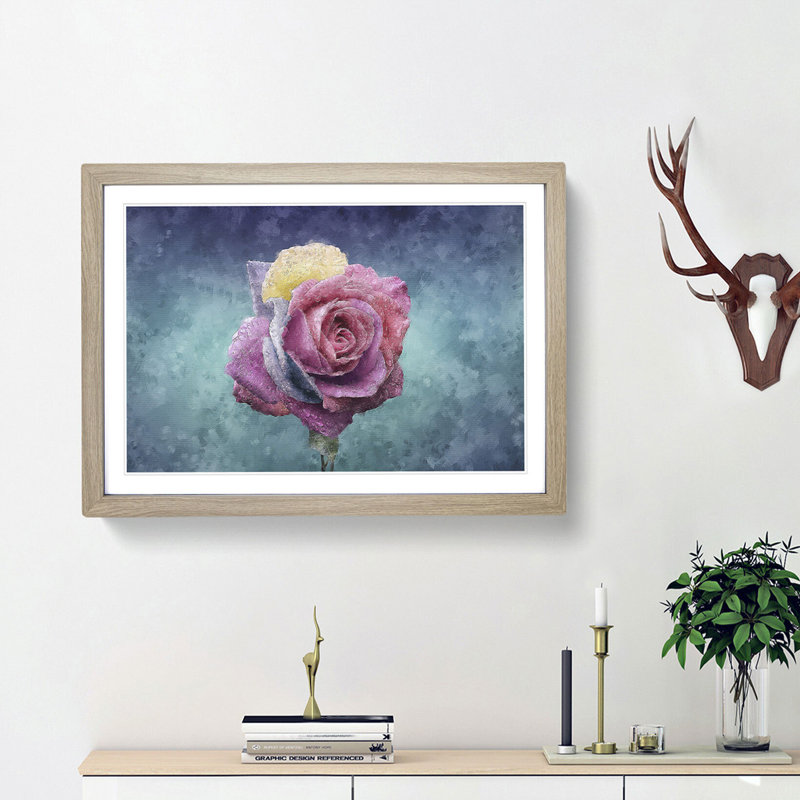 Multi-Coloured Rose Flower - Picture Frame Graphic Art Print, 24cm H x 33cm W x 2cm D, Oak Framed
