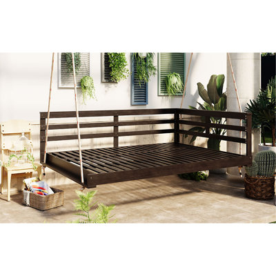 Lit de balancelle en bois d'acacia pour l'extérieur avec cordes en chanvre - Lit suspendu pour patio pleine grandeur, capacité de 350 lb, conception minimaliste ouverte pour patio, cour arrière, jardin