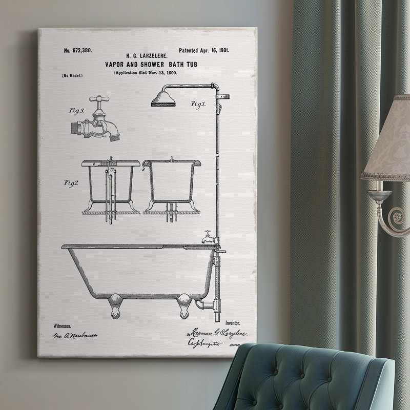 «Vintage Bath II», reproduction de dessin sur toile tendue, H 18 po x l 12 po x P 1 po