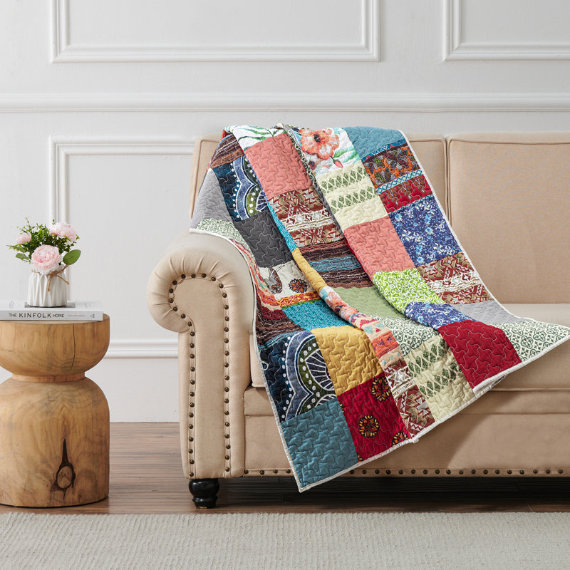 Greenland Home Fashions Renee Upcycle Throw, 50"x60", Reversible Eco Blend Quilt, Multicolor Cotton Microfiber Mix