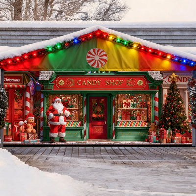 Porte de garage décorations de Noël pour l'extérieur, grand père Noël rustique, magasin de bonbons, porte de garage pour porte de garage rustique 7 x 16 pi