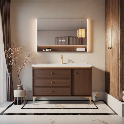 43.70"Brown Aluminum Freestanding Bathroom Washbasin Vanity With a Mirror Cabinet