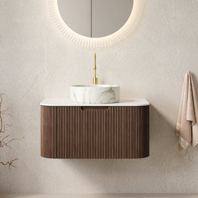 Dina 30" Bathroom Vanity With Sink, Wall-mounted Floating Curved Edges Striped Bathroom Storage Cabinet With Drawer, White Round Ceramic Basin With Stone Pattern, Pre-assembled