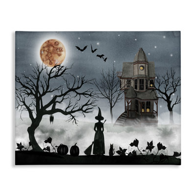 'Halloween Witch Silhouette in Full Moon Haunted House Scene' Graphic Art Print
