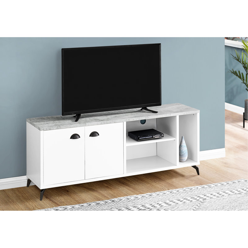 Meuble télé 60 po, console multimédia contemporaine avec armoires de rangement, stratifié gris blanc, métal noir pour salon, console 60 po, rangement et fonctionnalité moderne