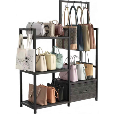 3 Tier Purse Storage Rack With Pull Out Drawer & 6 Hooks,Dark Grey