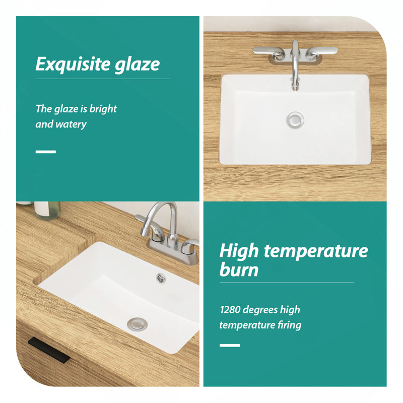 18"x12" White Ceramic Rectangular Undermount Bathroom Sink with Overflow
