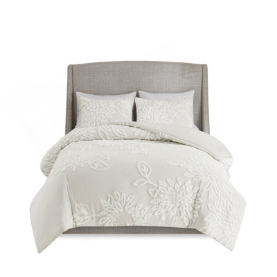 3 Piece Tufted Cotton Chenille Floral Comforter Set Off-White Full/Queen