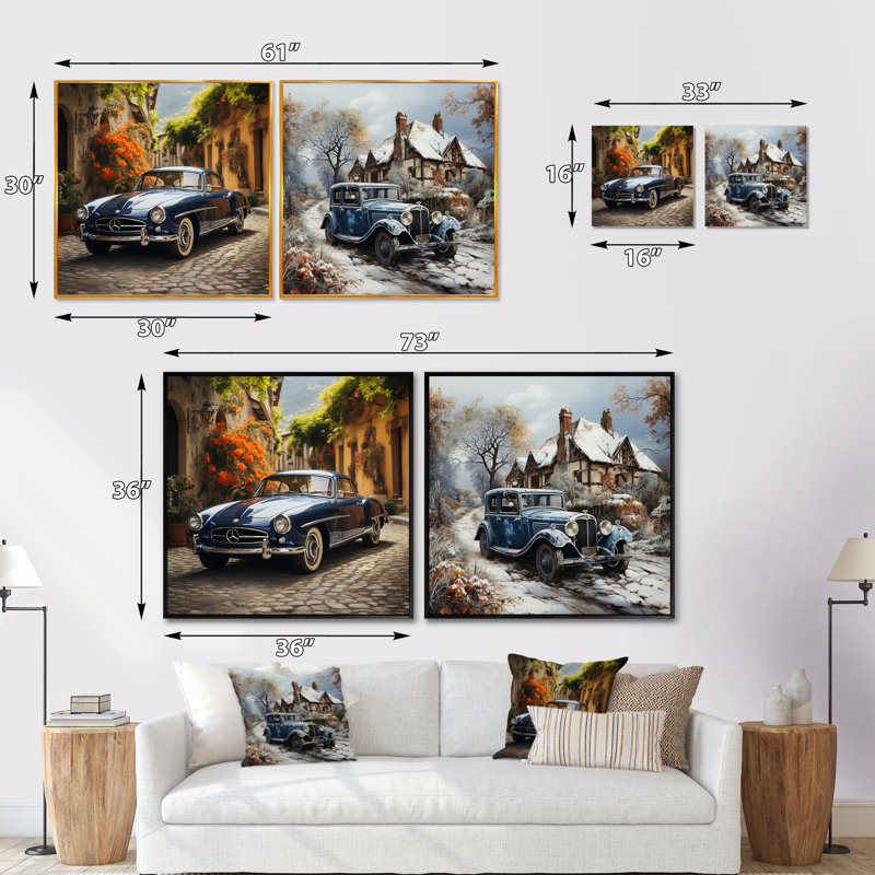 1930S and 1970S Vintage Car Beauty - Ensemble de 2 voitures rétro, H 16 po x l 33 po, Cadre flottant doré