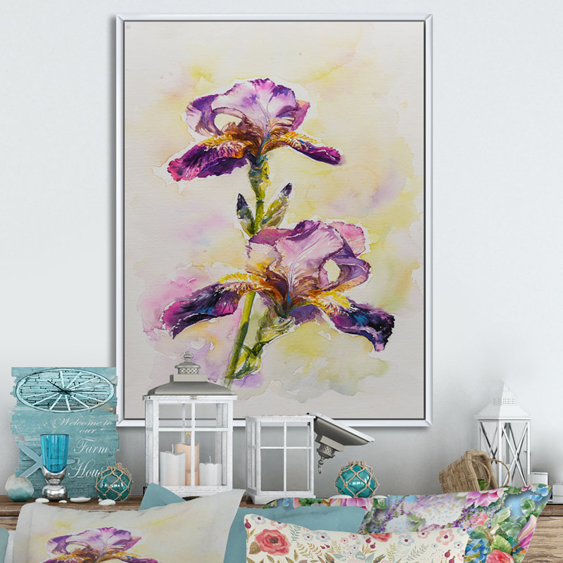 Aquarelle Iris fleur rose - décoration murale traditionnelle sur toile, H 40 po x l 30 po x P 1,5 po