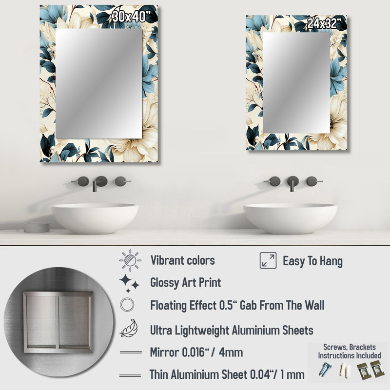 Dingyue Sandy beige et bleu Hortensia tranquillité - miroir mural floral unique, miroir floral, impression d'art en métal