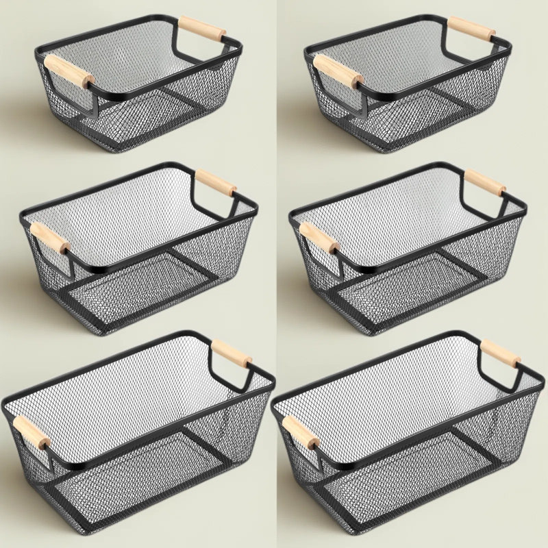 Ensemble de 6 paniers de rangement en maille d'acier avec poignées en bois - Rangement polyvalent pour la maison, la cuisine, le garde-manger, la salle de bain et le rangement des jouets