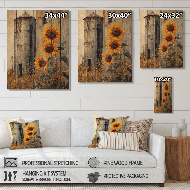 Farm Sunflowers Around The Silo III - Sunflowers Wood Wall Decor - On Natural Pine Wood, 40" H x 30" W x 0.78" D