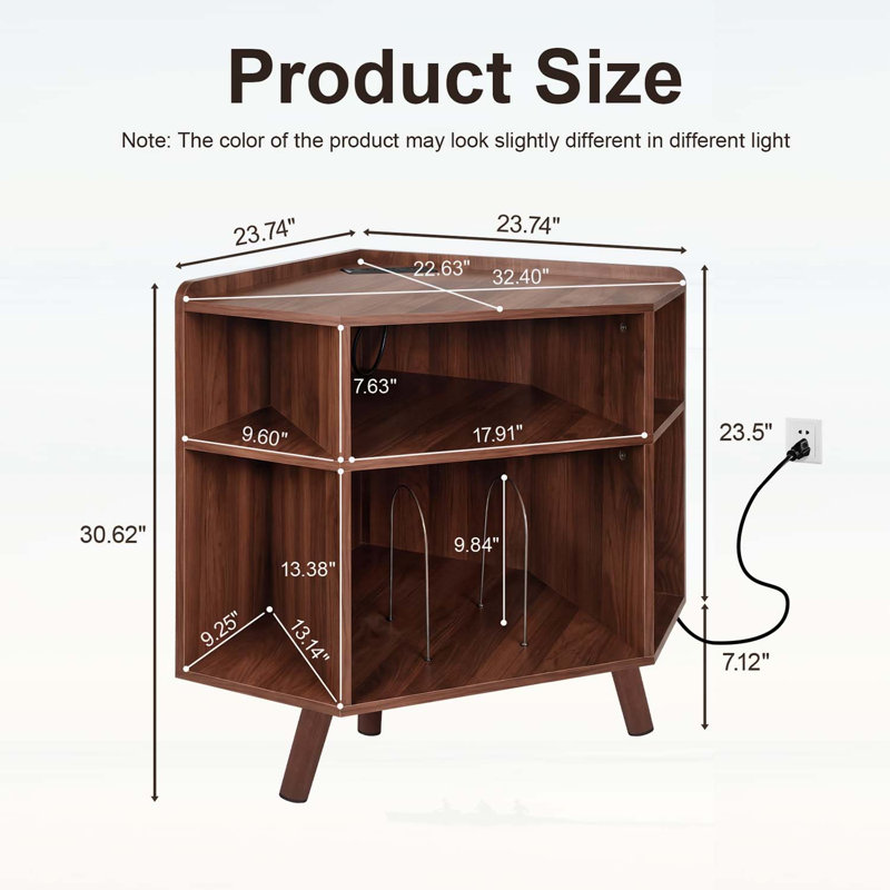 Meuble de coin à trois niveaux pour platine vinyle, style moderne du milieu du siècle, en bois, avec station de recharge et ports USB. Parfait pour ranger vos vinyles dans une chambre ou un salon de musique.