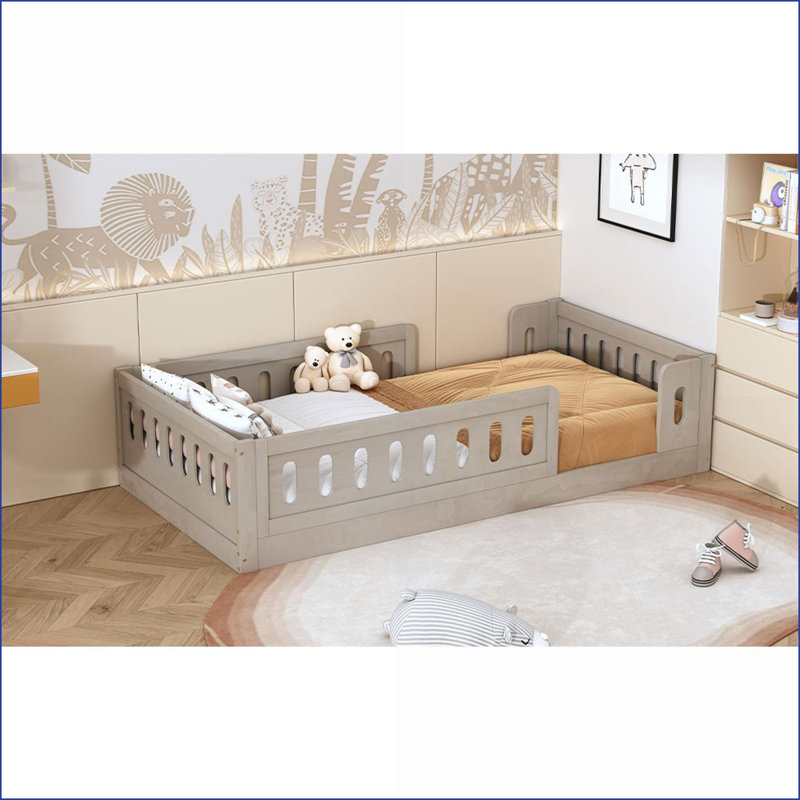 Lit plateforme simple en bois de pin massif avec garde-corps - aucun sommier nécessaire, naturel pour les chambres compactes