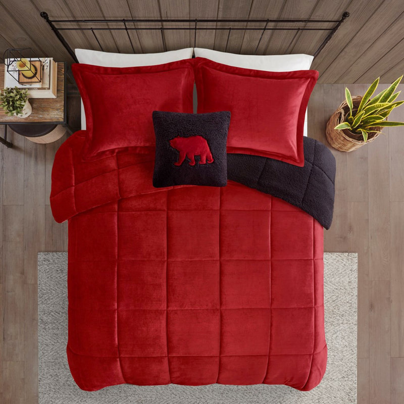 Full/queen Size Comforter With Red And Black Look Feel Red+black To Reverse 2 Matching Shams, Red/Black