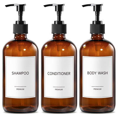 Glass Shampoo and Conditioner Dispenser, Shower Soap Dispenser Bottles with Labels, Refillable Shampoo Conditioner Body Wash Dispensers, Amber Glass Soap Pump Dispenser Set for Bathroom Shower