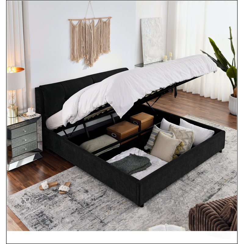 Lit plateforme hydraulique King Size recouvert de chenille avec tête de lit intégrée et grand espace de rangement