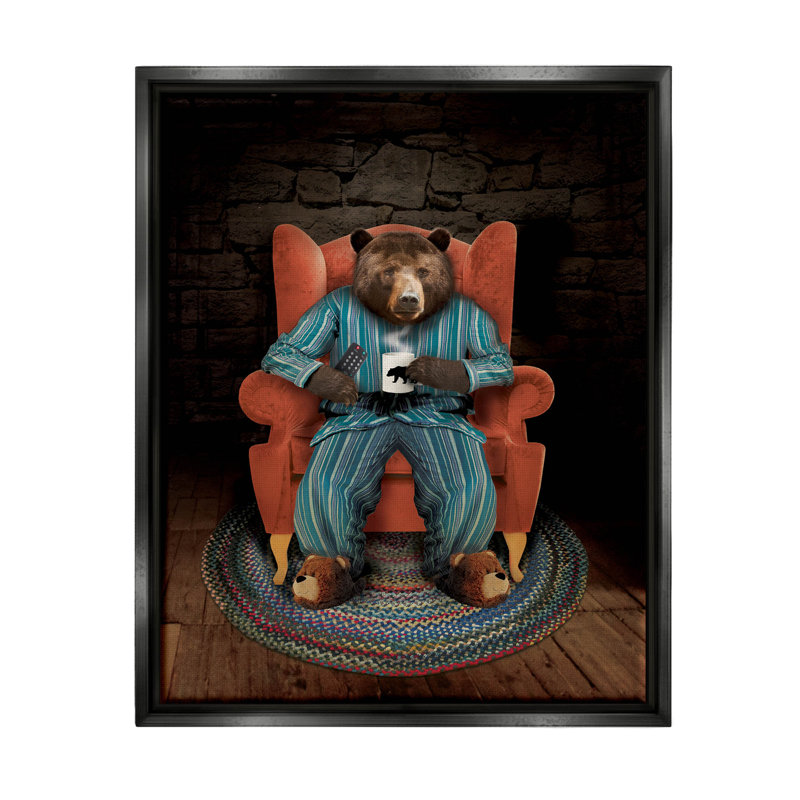 «Bed Time Bear Relaxing Portrait» par John Hovenstine - cadre flottant, impression sur toile, Cadre flottant noir de jais