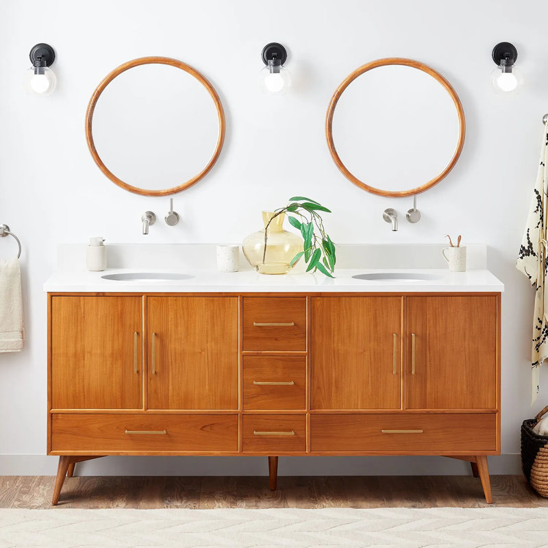 72" Novak Double Bathroom Vanity Set with Oval Undermount Sinks, Arctic White Quartz, Natural Teak, 8" Widespread