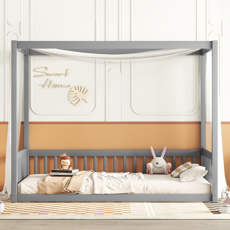 Bloomhouse Canopy Frame Floor Bed with Guardrails, Gray, Twin