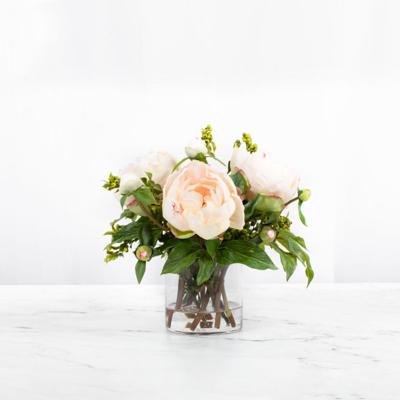 Faux peony arrangement in vase, Light Pink