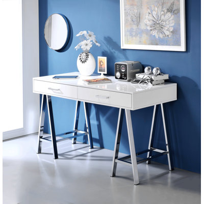 Coleen White High Gloss & Chrome Finish Writing Desk W/USB