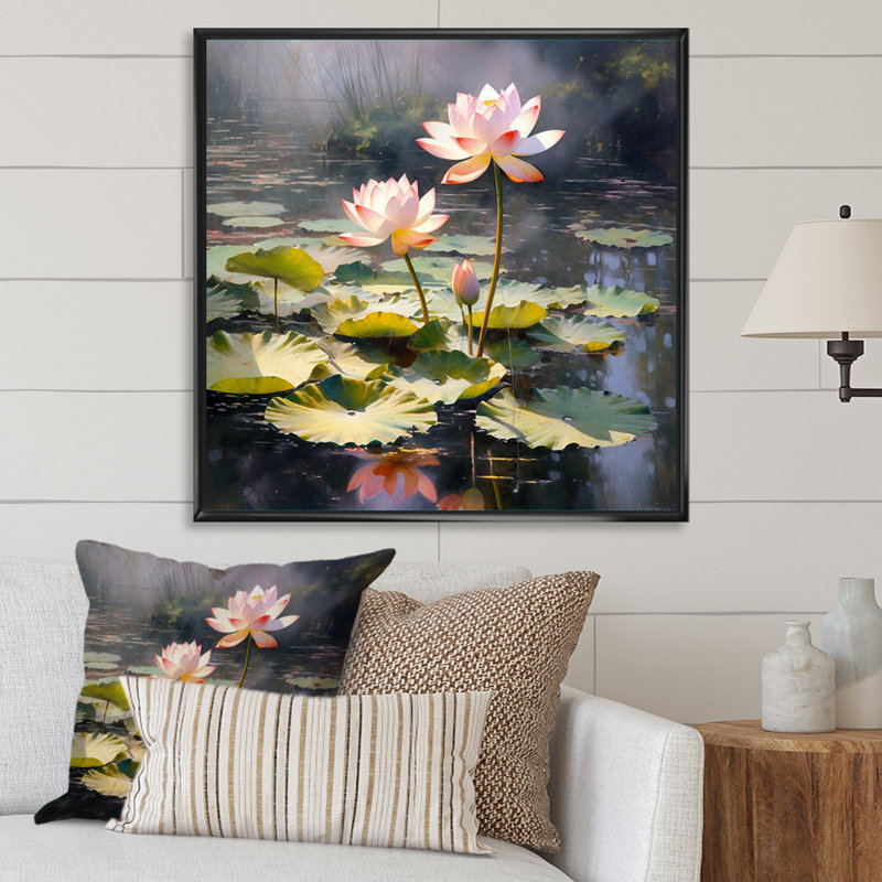 Aquarelle de lotus de sagesse sur toile, Cadre flottant noir, 24" H x 24" W