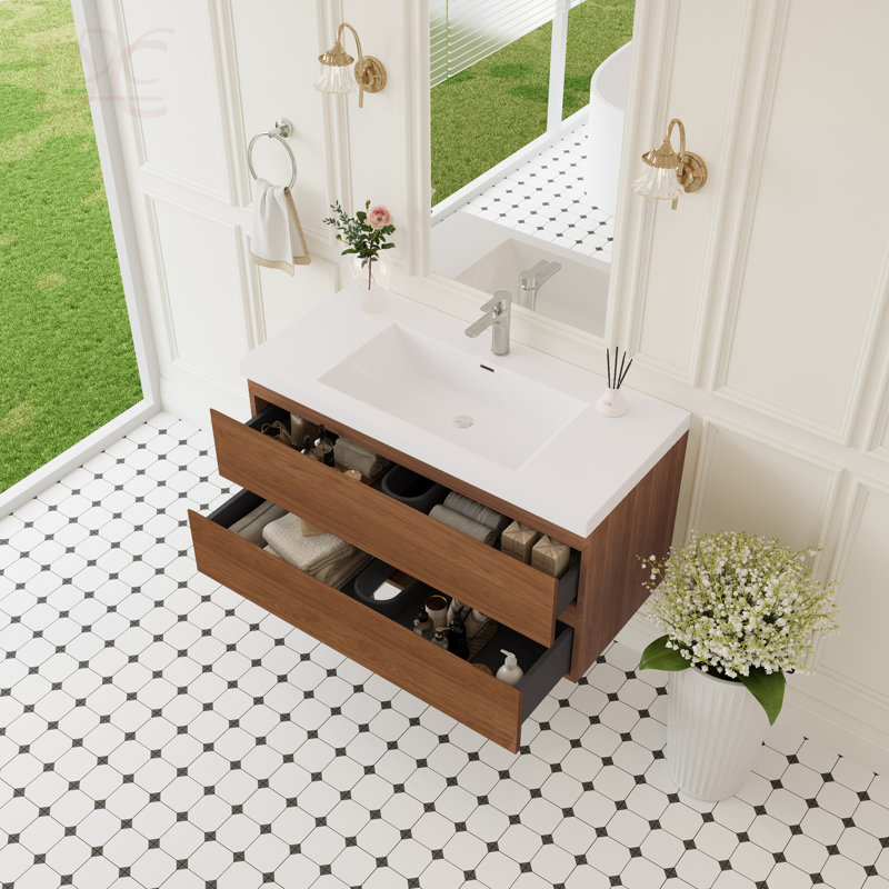 Meuble-lavabo flottant 42 po avec lavabo, meuble de rangement mural avec lavabo à surface solide et tiroirs à fermeture en douceur entièrement assemblés