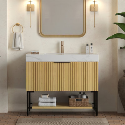 36" Bathroom Vanity&Sink, Freestanding Striped Plywood Storage Cabinet With Drawer & Open Shelf, Carrara White Sintered Stone Top & Undermount Ceramic Basin, Pre-Assembled