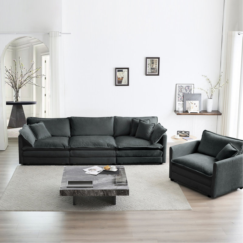 Salon en chenille gris - 2 canapé modulaire avec éponge et base rembourrés pour structure moderne en bois massif