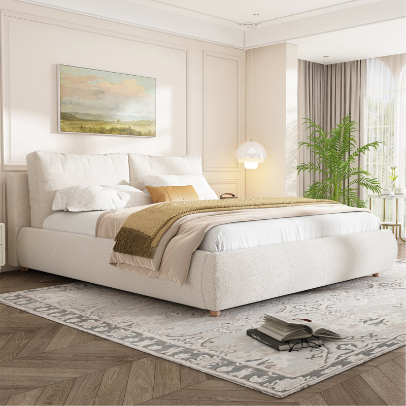 Grand lit plateforme tapissier avec deux têtes de lit amovibles, tissu Boucle, blanc