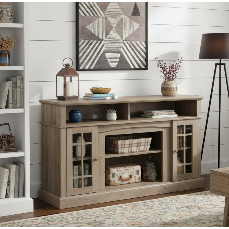 Meuble télé 65 po, meuble télé classique avec rangement ouvert et fermé, Gris