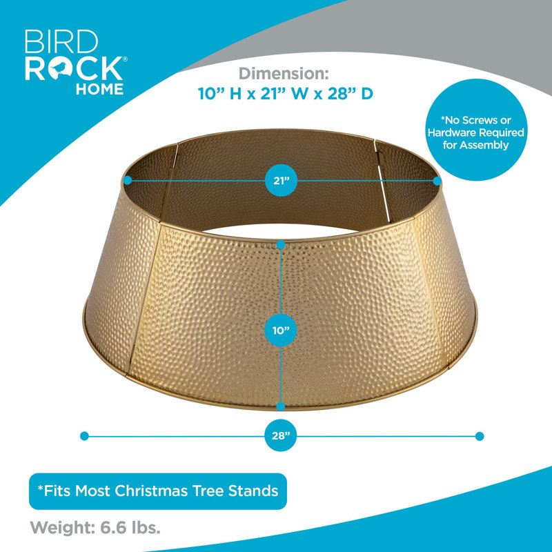 Collier pour arbre de Noël en métal martelé 4 panneaux BIRDROCK HOME - Jupe de sapin de Noël élégante - Housse de base en fer durable - Protège la base de l'arbre des animaux de compagnie - Assemblage facile