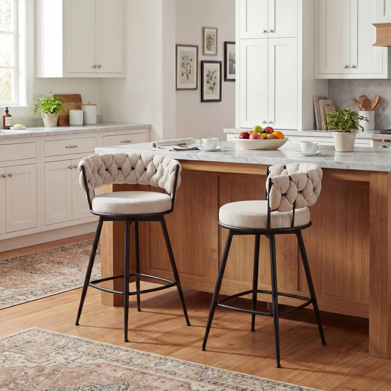 Modern Beige Upholstered Bar Stool With Woven Look Backrest & Fixed Black Metal Frame Stable Counter Height Stool For Kitchen Breakfast Bar Or Cafe, Set Of 2
