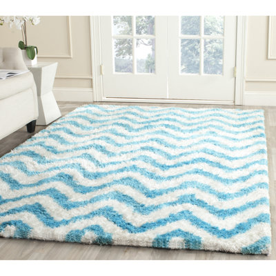 Tapis ivoire / bleu en coton touffeté à la main à chevrons Barcelona
