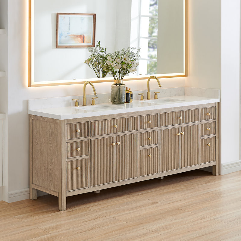 Lala 84" Double Bathroom Vanity with Grain White Engineered Stone Countertop without Mirror, Nature Oak
