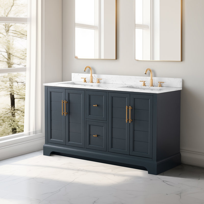 Ensemble de meuble-lavabo autoportant 60 po avec plateau en marbre Komarek, Bleu rétro