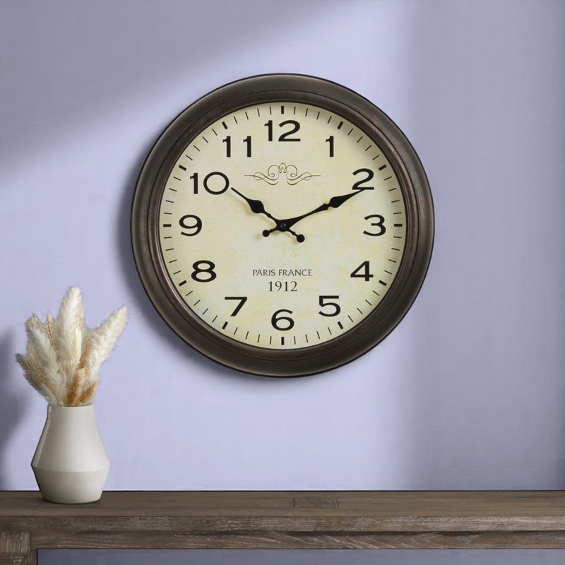 Horloge murale ronde 16 po, horloge murale, brun antique, transitionnel