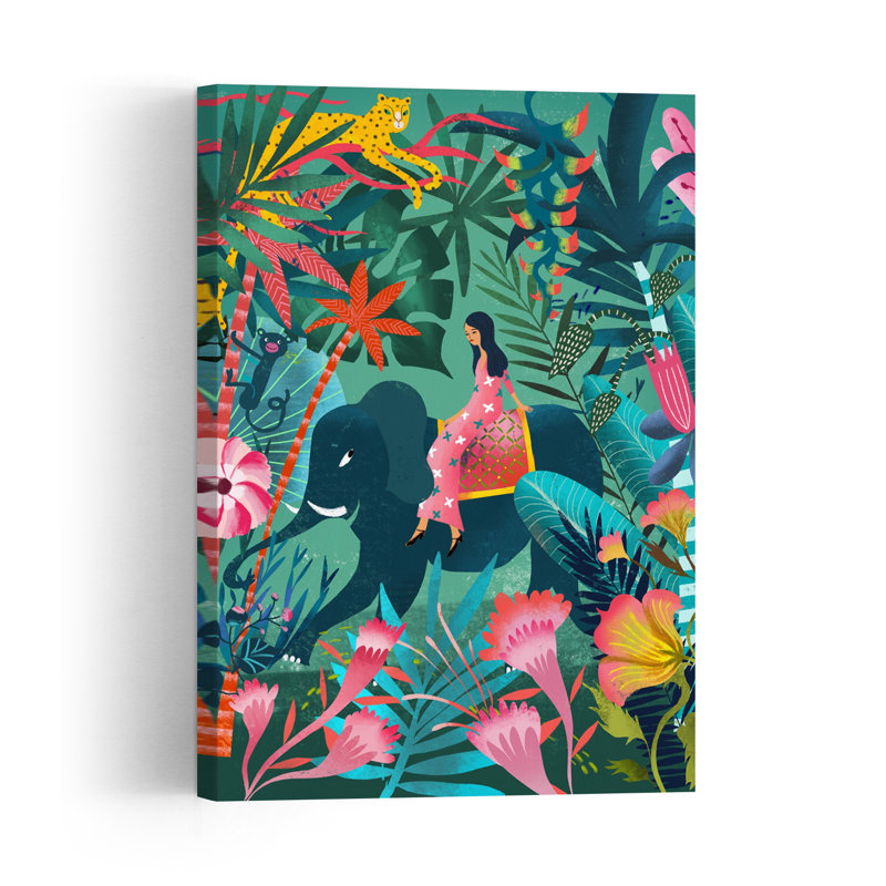 Tropical Elephant Adventure Colorful Vibrant Whimsical Elephant Monkey Nature Tropical Wall Art Print by Uta Krogmann - Print