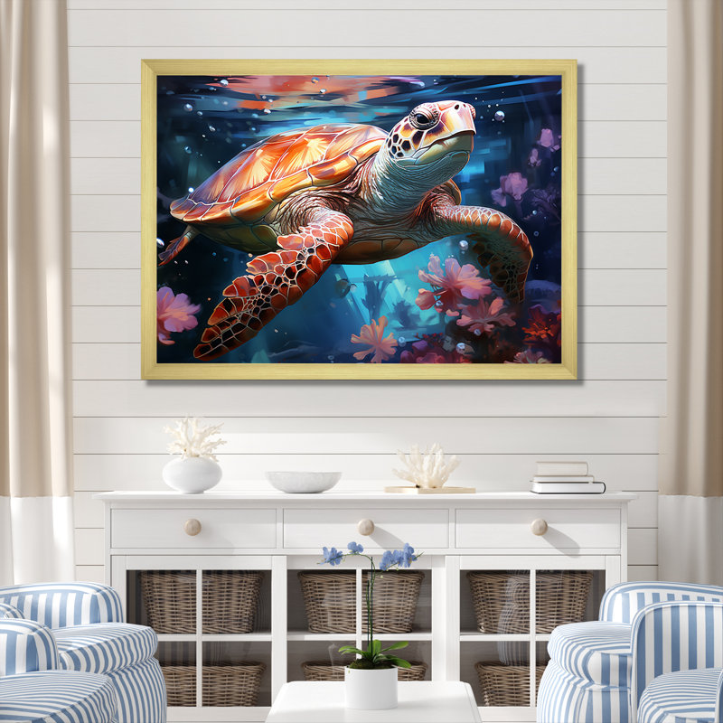 «Oceanic Turtle Elegance», reproduction sur toile encadrée, Cadre doré simple, H 24 po x l 32 po x P 1 po